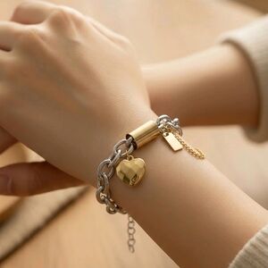 Mixed Metal Chunky Chain Bracelet Gold Heart Charm Stainless Steel 18K Plated
